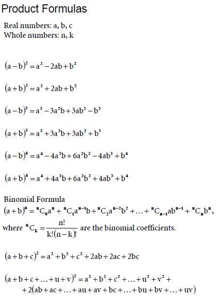 Algebra Products Mathematics Formulas