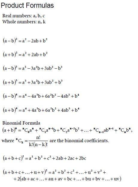 Algebra Products Mathematics Formulas
